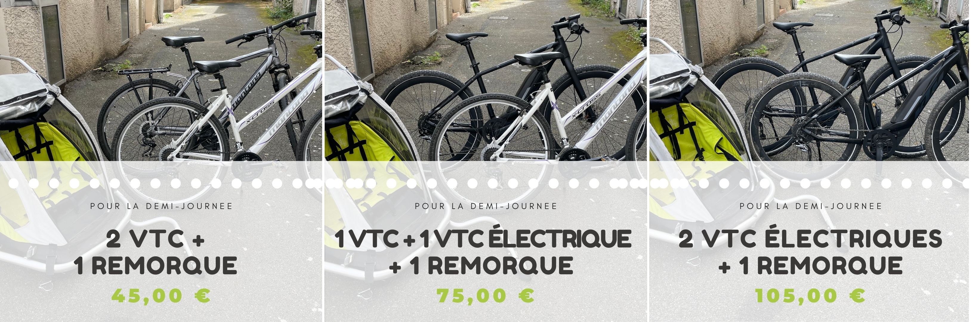 VTT, VTC et vélo électrique et remorque